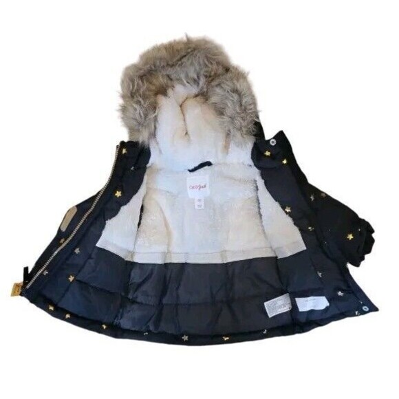 Cat & Jack Girls Black Gold Stars Hooded Snow Winter Parka Lined Jacket 12m New - Picture 7 of 9